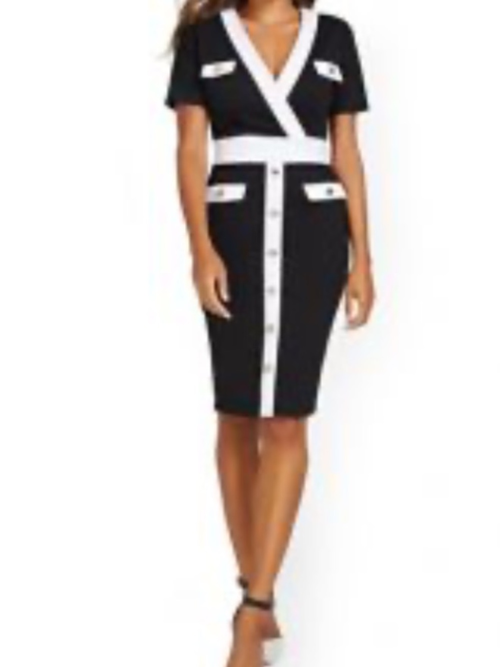 New York & Company Black and White V-Neck Sheath Midi Dress
